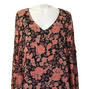 Peach Love California Women's Large Floral Print Long Sleeve V Neck Top